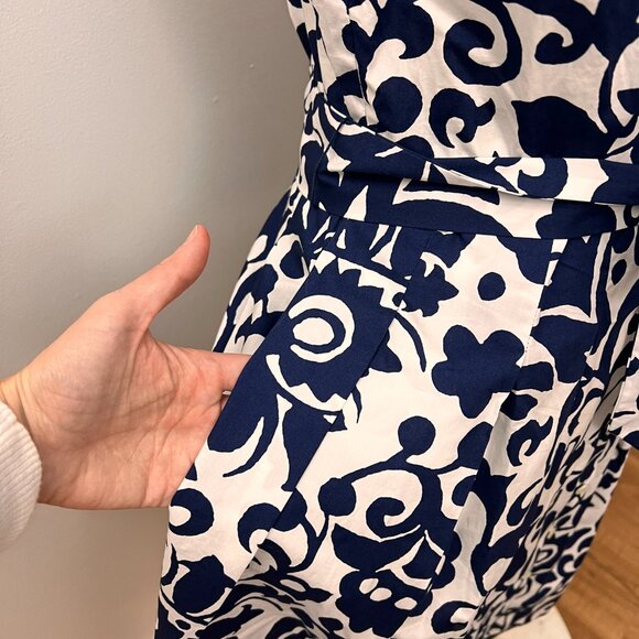 Talbots Poplin Fit & Flare Blue and White Tie Waist Dress - Jacobean 14P - Picture 13 of 16